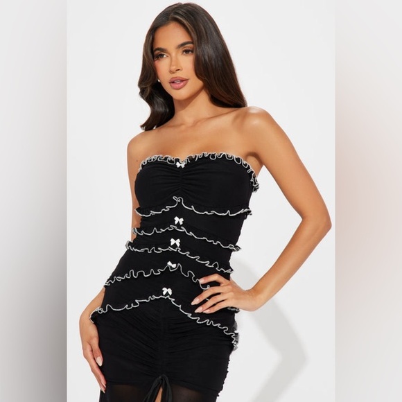 NWT Klesis Black/White Ruffle Mesh Strapless Maxi Dress Size Small - Picture 9 of 14